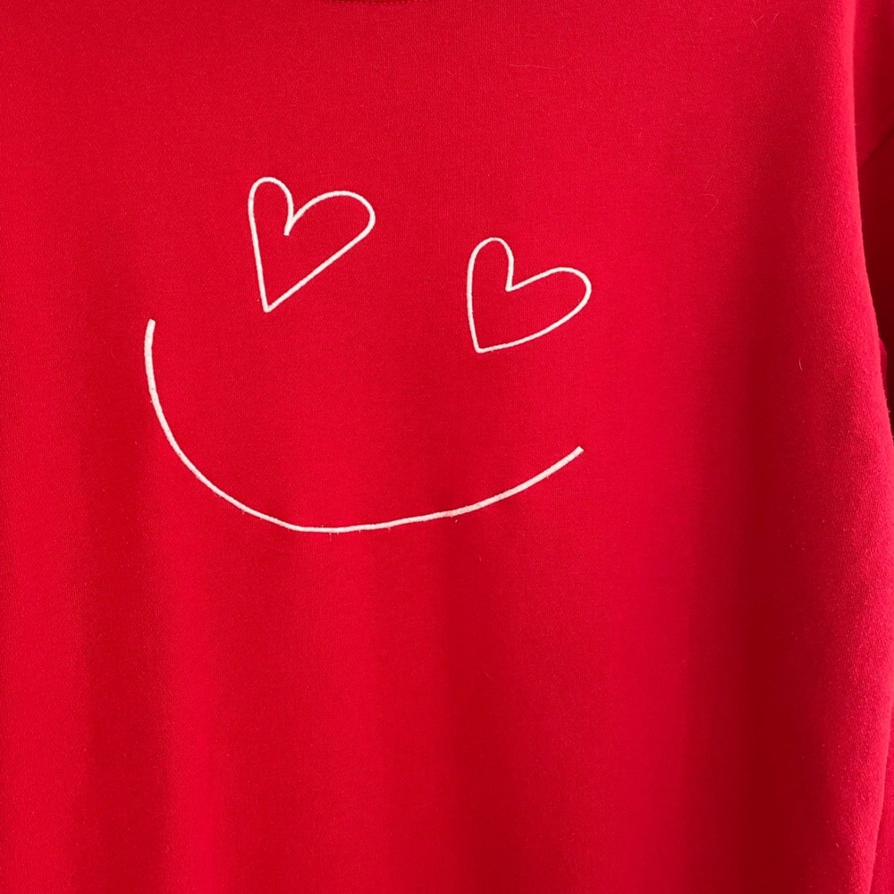 Cat & Jack‎ Red Heart Eye Smiley Face Sweatshirt XL 14 Varsity Stripe Pullover - Picture 2 of 7